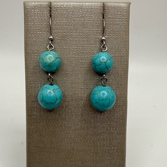 Vintage Turquoise Double Bead Drop Earrings – Boho Dangle Statement Jewelry - Picture 1 of 3